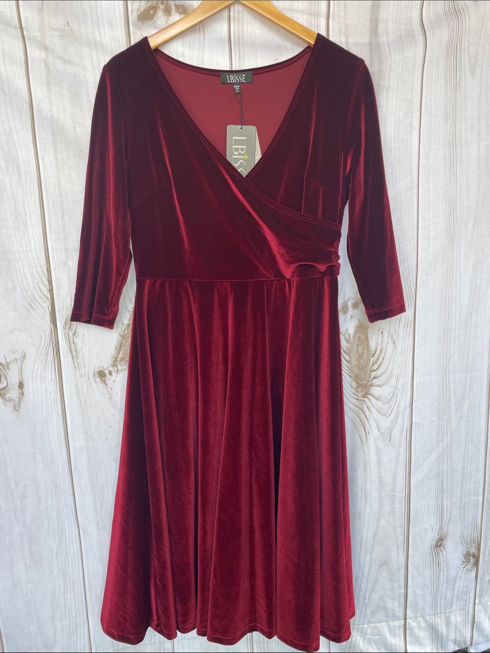 LBISSE Women's Velour Velvet Wrap Bodice Midi Dress Wine Red Misses L Large NEW
